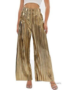 Women's Metallic Sparkle Wide Leg Sequin Shiny Palazzo Pants Party Club